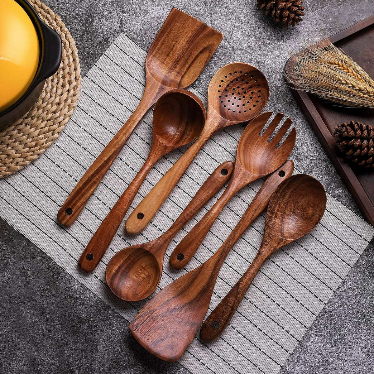 Wooden Non-Stick Kitchen Pan Toolset 7 Pieces Set,100% Natural Teak Kitchen Utensils Spatula