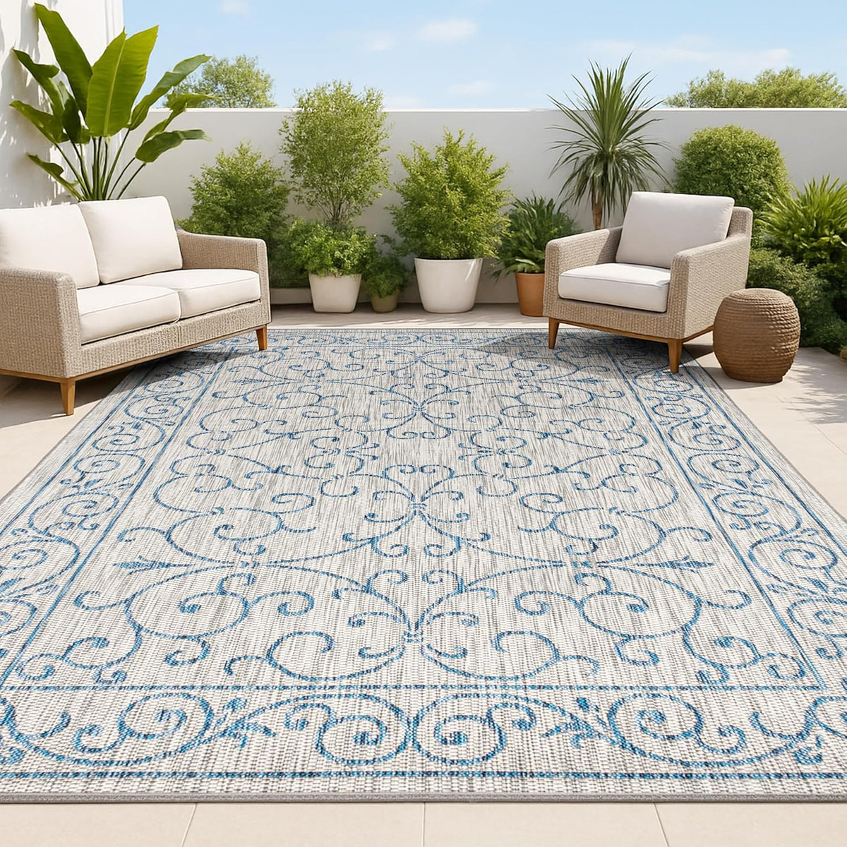 JONATHAN Y Vintage Filigree Indoor Outdoor Area Rug 6X9 Gray/Navy, Charleston Textured Weave for