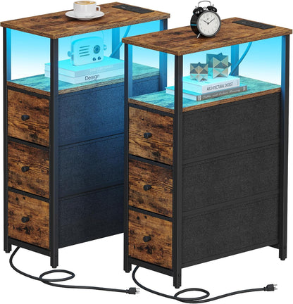 TUTOTAK Narrow LED Night Stand with Charging Station, Slim End Table with Plugins, Tall Side Table