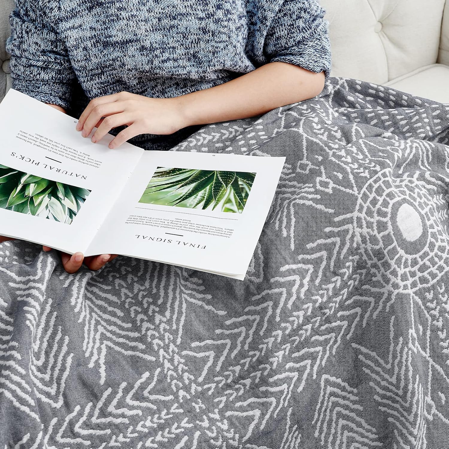 jinchan Boho 100% Cotton Muslin 50x60 Throw Blanket Lightweight 3 Layer Grey Blanket Washable
