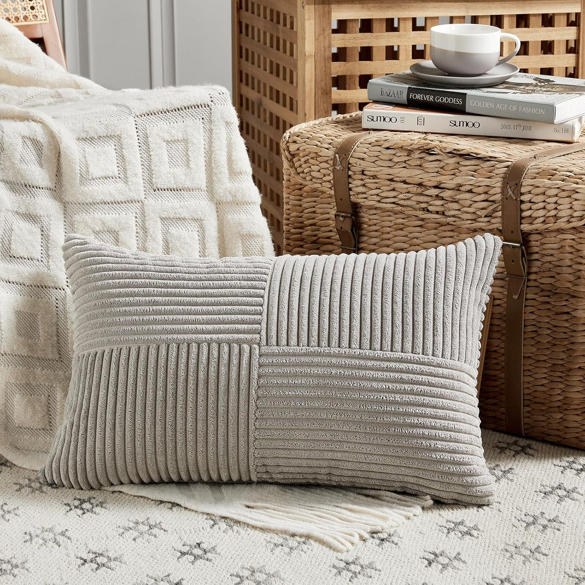 Fancy Homi 2 Packs Neutral Grey Lumbar Decorative Throw Pillow Covers 12x20 Inch for Living Room
