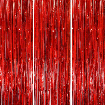3 Pack 3.3x8.2 Feet Red Foil Fringe Backdrop Curtains, Tinsel Streamers Birthday Party Decorations