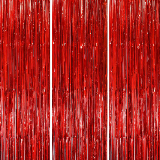 3 Pack 3.3x8.2 Feet Red Foil Fringe Backdrop Curtains, Tinsel Streamers Birthday Party Decorations