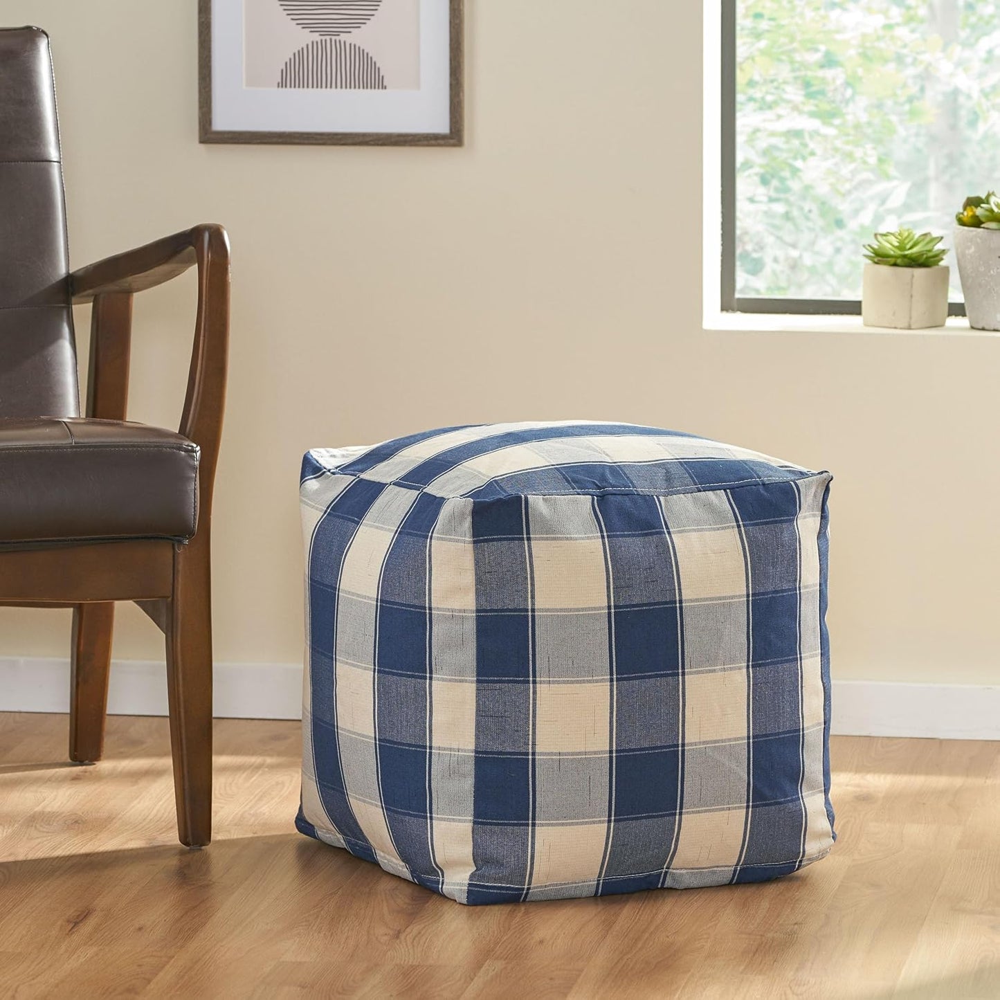 GDFStudio Modern Fabric Checkered Cube Pouf Ottoman Foot Stool - Bean Bag Floor Chair - Foot Rest