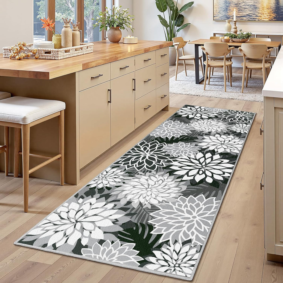 Area Rug 2x6 Black White Washable Entry Rug Multicolored Tropical Botanical Modern Floral Indoor