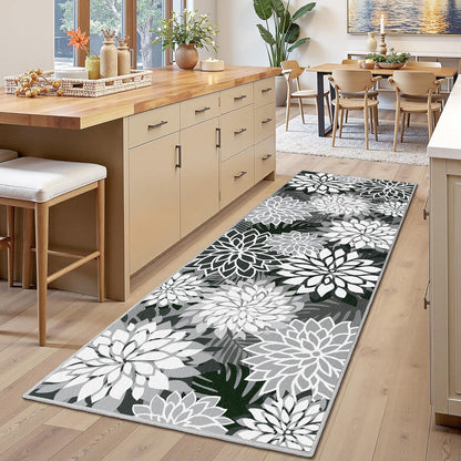 Area Rug 2x6 Black White Washable Entry Rug Multicolored Tropical Botanical Modern Floral Indoor