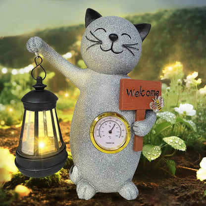 Solar Cat Outdoor Statues for Garden-Creative Thermometer-Lantern-Welcome Sign, Suitable for Yard