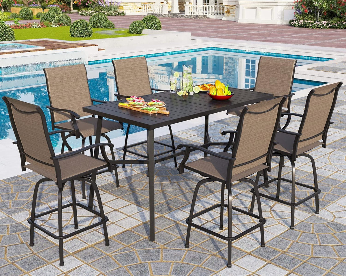 PHI VILLA 7 Piece High Patio Bar Dining Set, Bar Height Outdoor Table and Chairs Patio Furniture