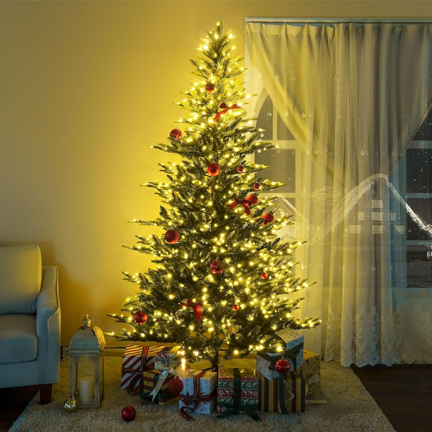 Naomi Home 6.5ft Nordic Christmas Tree with Lights, Realistic Charming Prelit with 921 Branch Tips