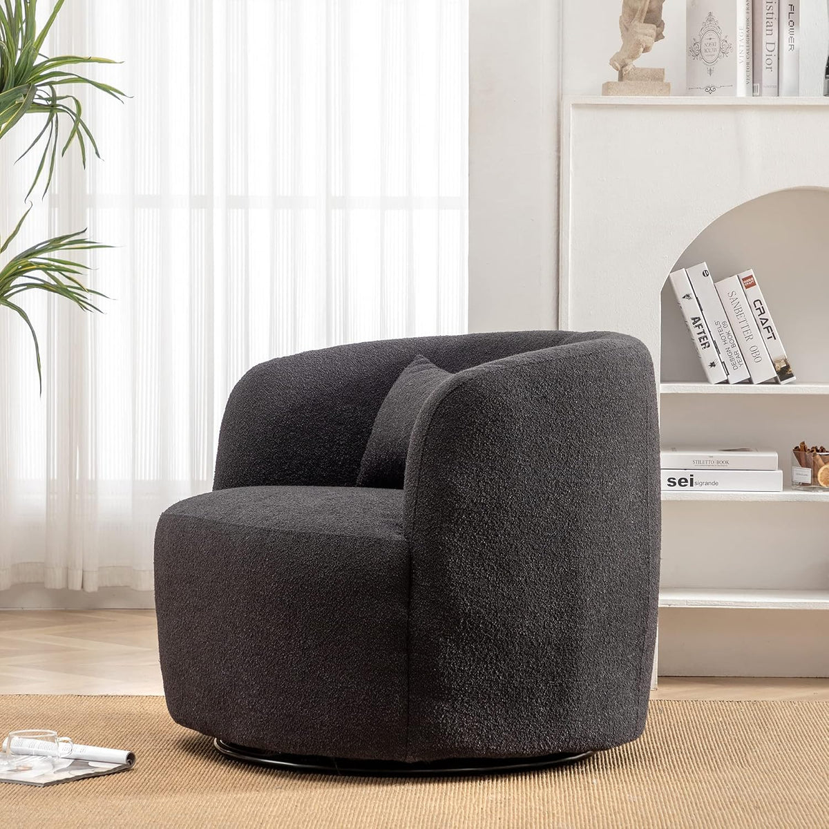 KINWELL 34" Wide Boucle Swivel Barrel Chair, No Assembly Round Upholstered Armchair Accent Chair