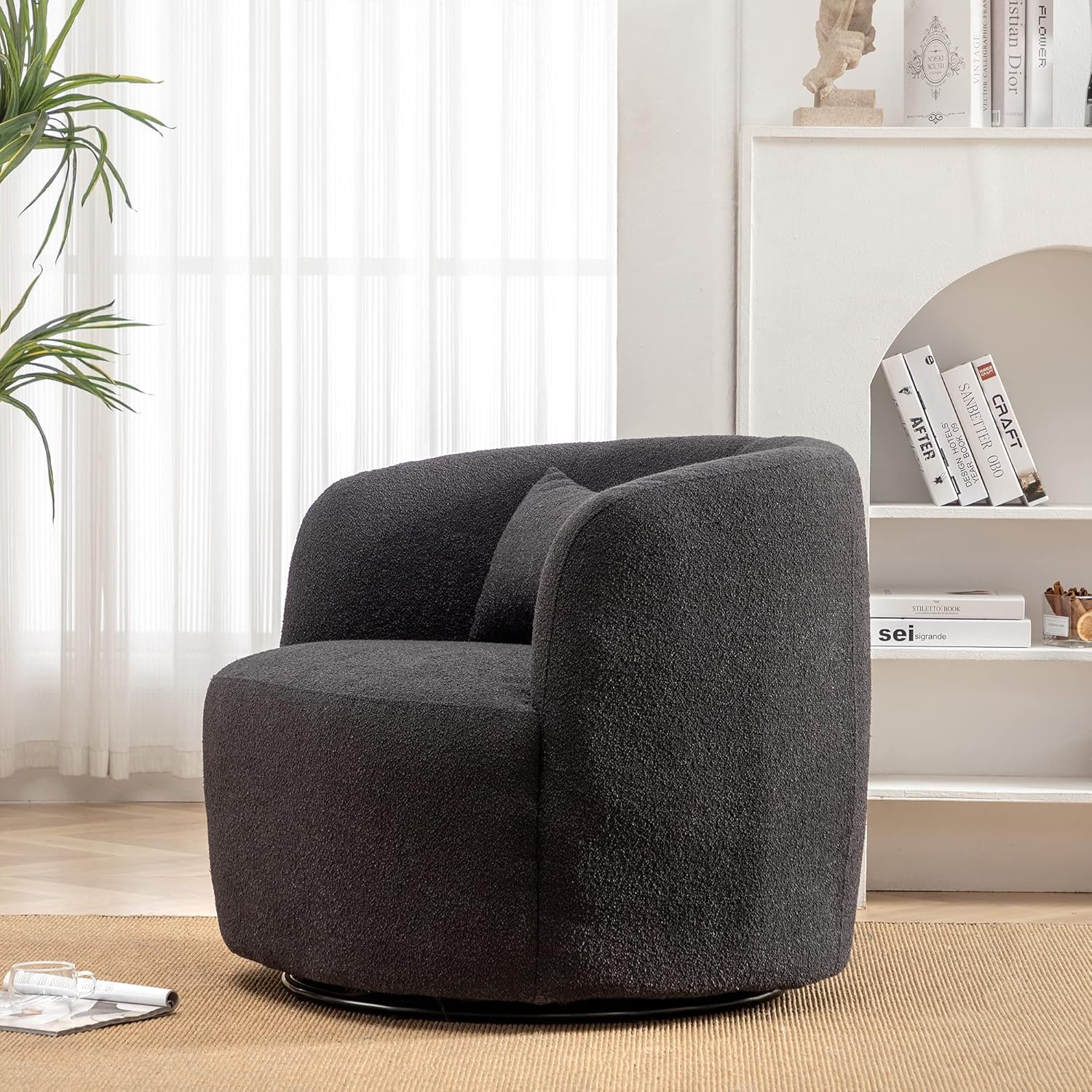 KINWELL 34" Wide Boucle Swivel Barrel Chair, No Assembly Round Upholstered Armchair Accent Chair