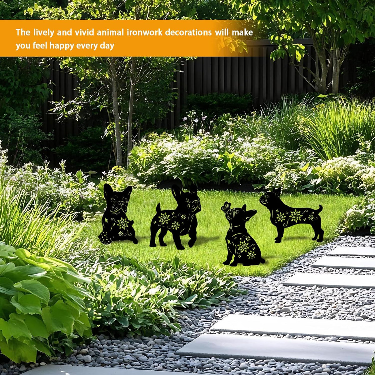 4 Pack Bulldog Metal Garden Decorative Stakes, Weather Proof Puppy Silhouette Statues for Yard
