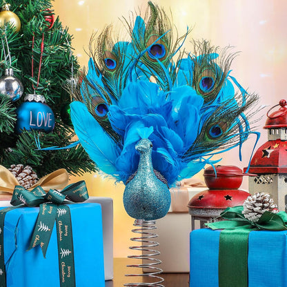 Retisee 15-Inch Christmas Peacock Tree Topper - Artificial Feather Glitter Blue Ornament for Indoor