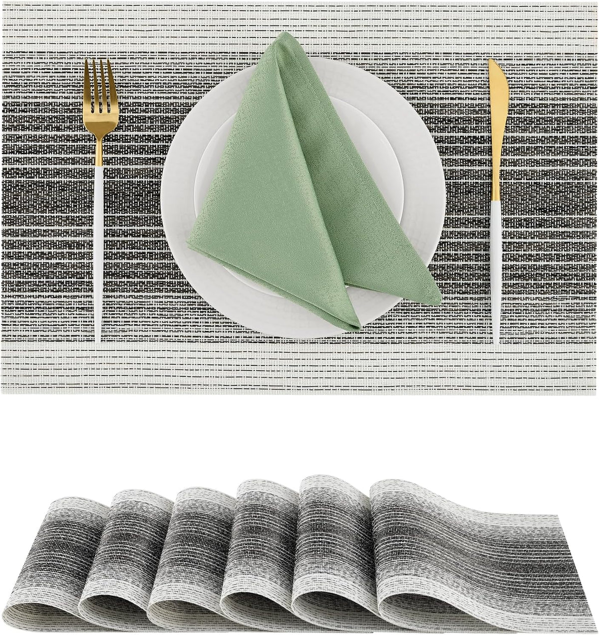 Leetaltree Black with White Woven Placemats Set of 6 - Heat Resistant Non-Slip Place mats for