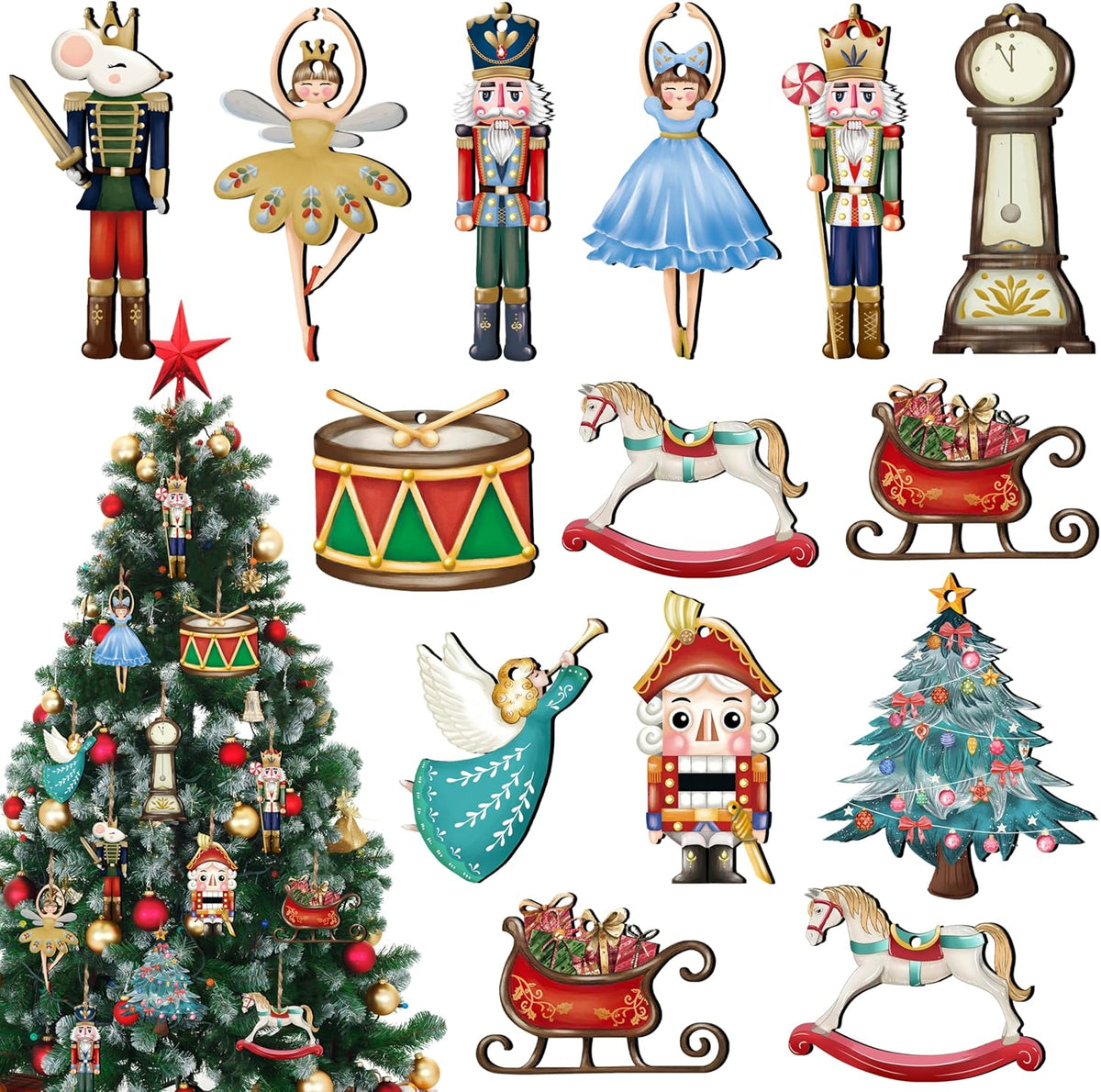 24 Pieces Christmas Nutcracker Wooden Ornaments Wood Hanging Decoration Set for Christmas Tree