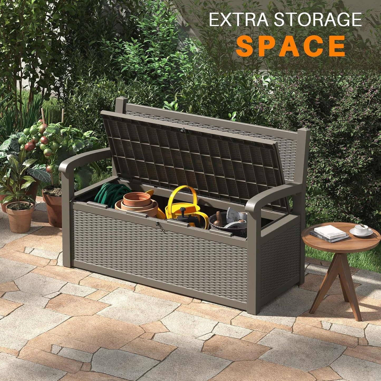 70 Gallon Deck Bench with Storage,Outdoor Storage Box Bench Waterproof&Lockable, Resin Patio
