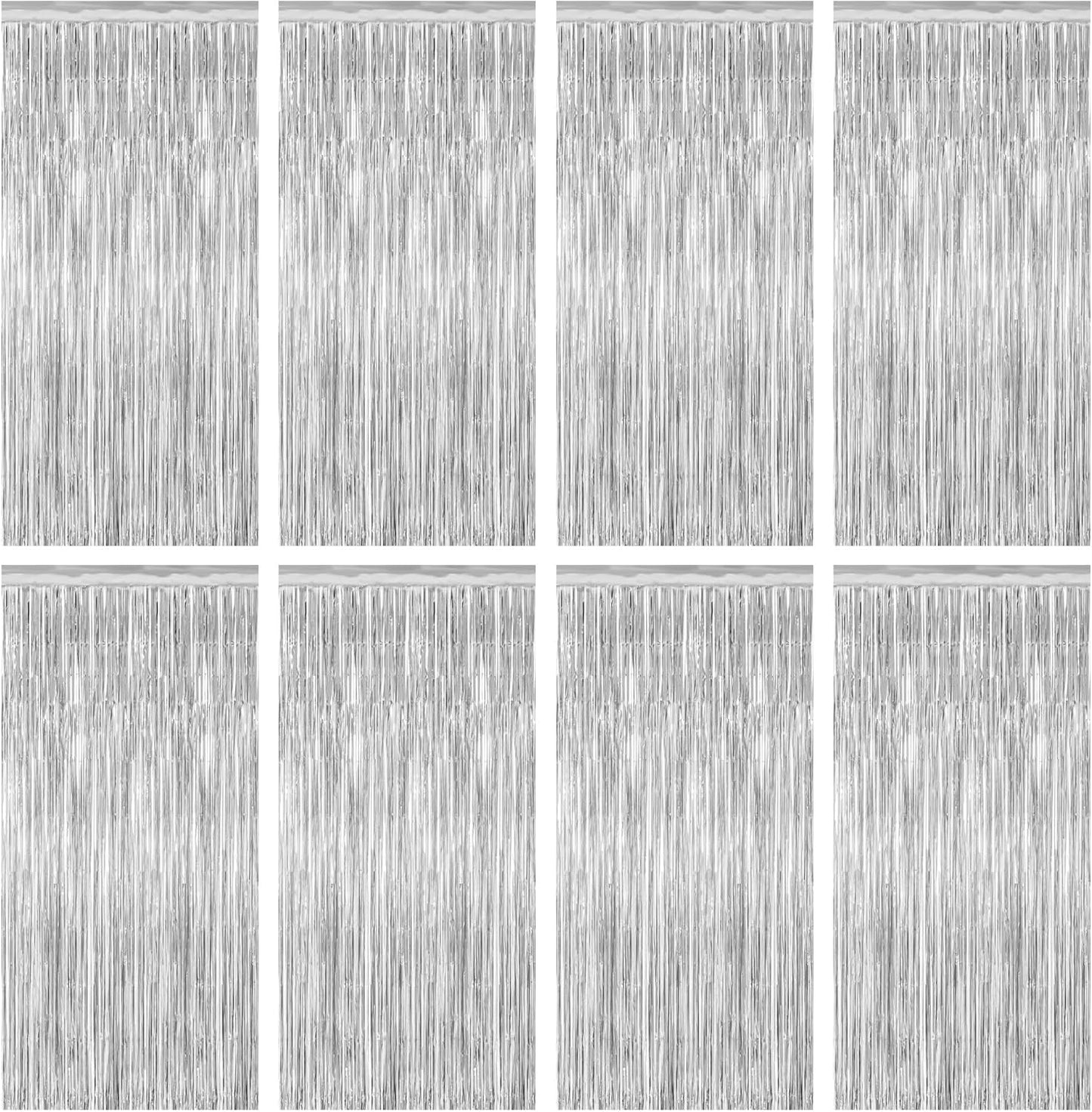 8 Pack Silver Backdrop, 3.28 FT x 7.05 FT Birthday Backdrop, Metallic Silver Tinsel Curtain Disco