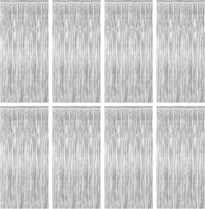 8 Pack Silver Backdrop, 3.28 FT x 7.05 FT Birthday Backdrop, Metallic Silver Tinsel Curtain Disco