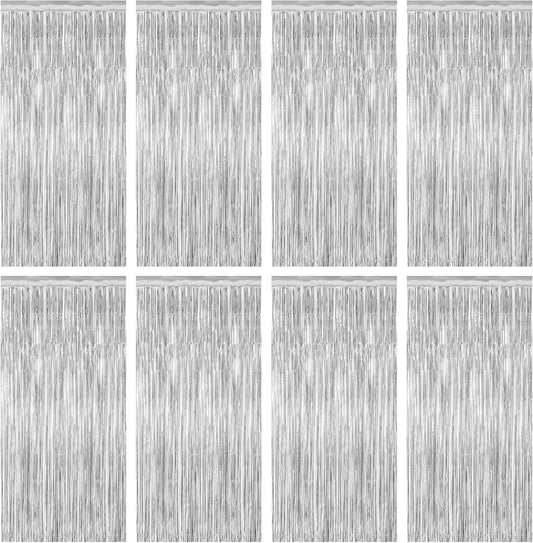 8 Pack Silver Backdrop, 3.28 FT x 7.05 FT Birthday Backdrop, Metallic Silver Tinsel Curtain Disco