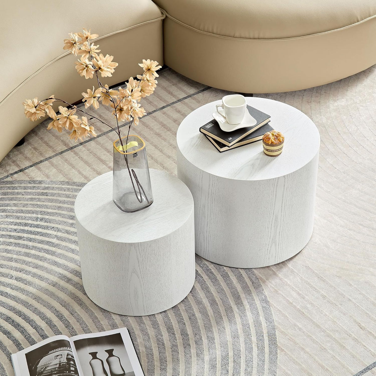 WILLIAMSPACE 18.9" White Nesting Coffee Table Set of 2, Modern Black Round Coffee Tables Circle