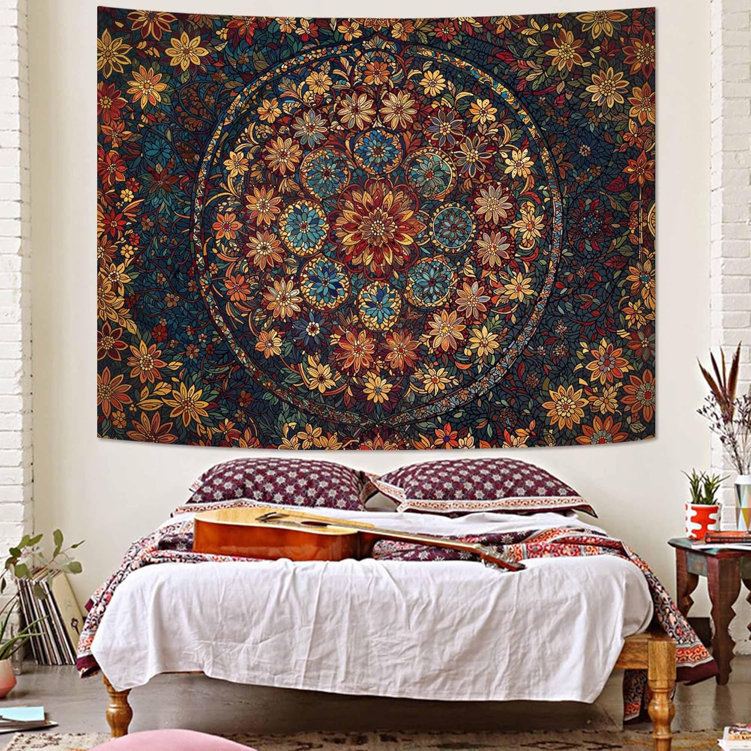 Fowocu Boho Floral Mandala Tapestry Wall Hanging Vintage Bohemian Flower Medallion Tapestry