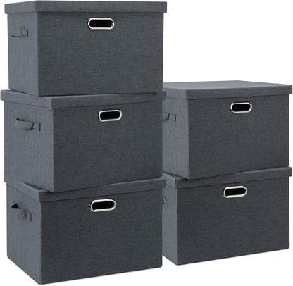 Large 17" 36 Quart Collapsible Stackable Storage Bins with Lids, 5 Packs Dark Gray Foldable Fabric