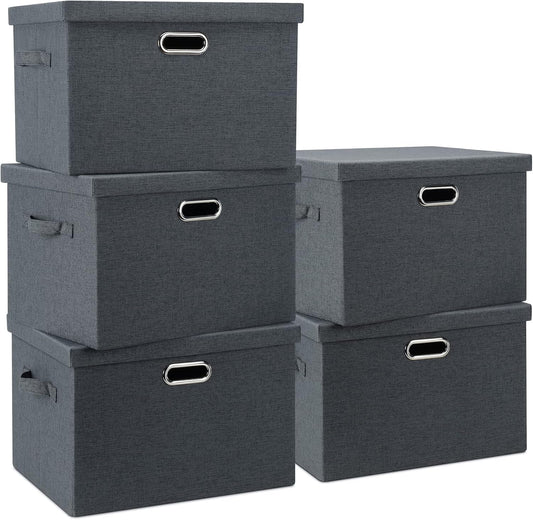 Large 17" 36 Quart Collapsible Stackable Storage Bins with Lids, 5 Packs Dark Gray Foldable Fabric