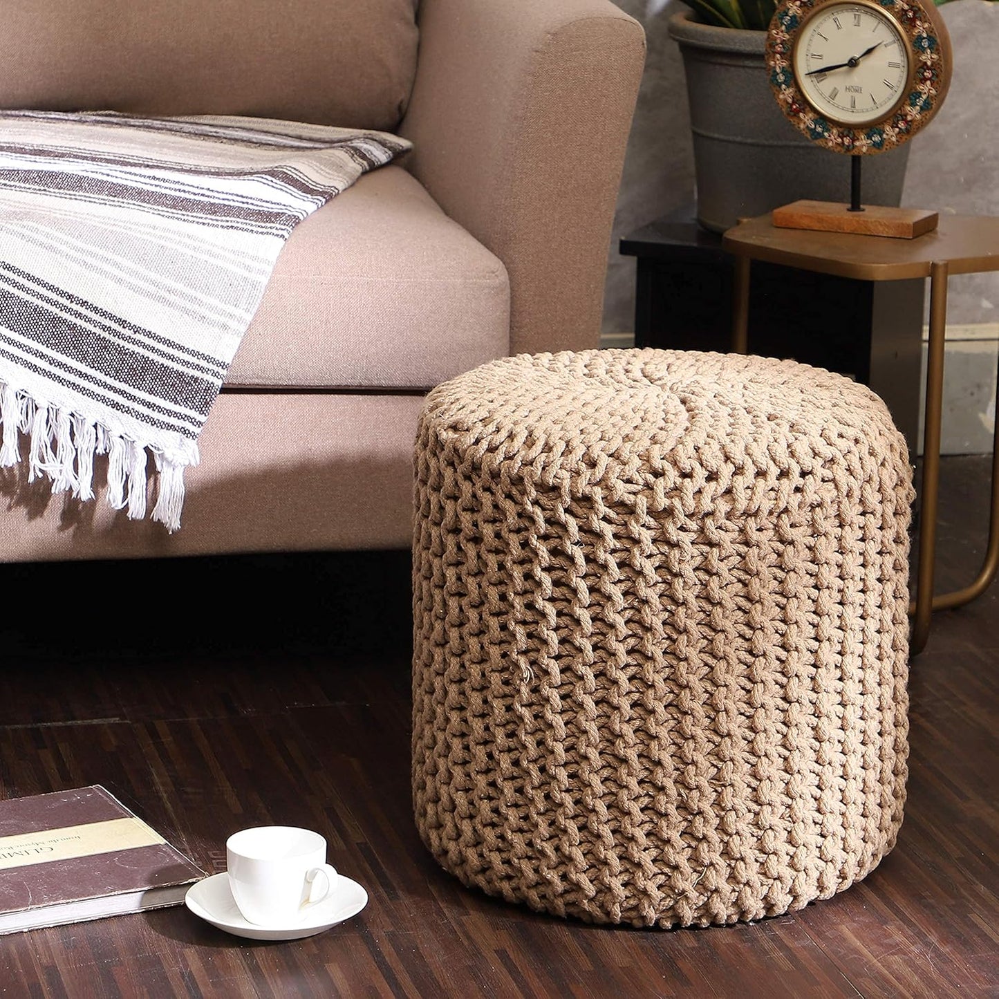 REDEARTH Pouf Ottoman - Cylindrical Knitted Poof - Cord Boho Pouffe - Cotton Round Foot Stool Puff