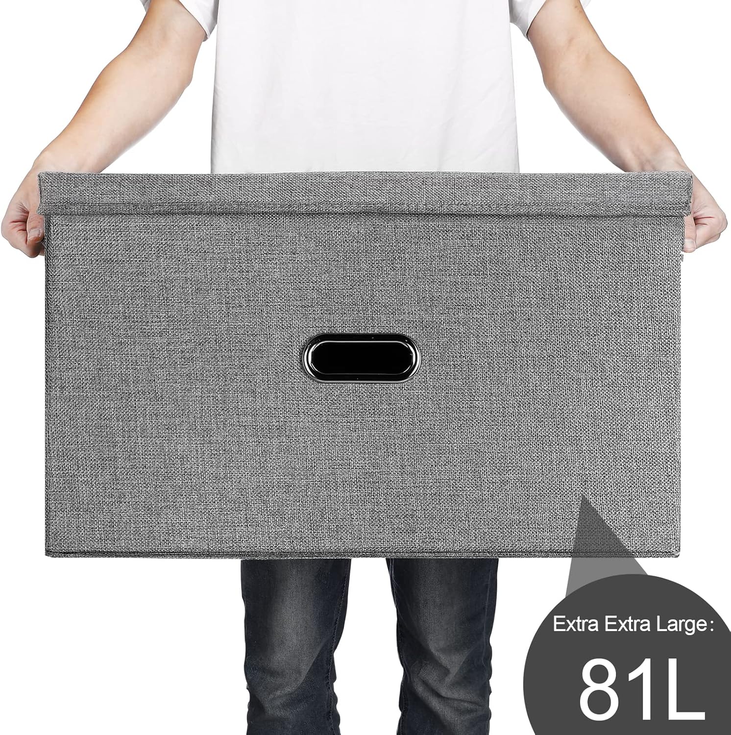 Large Linen Fabric Foldable Storage Bins with Removable Lid and Handles, Washable Storage Box