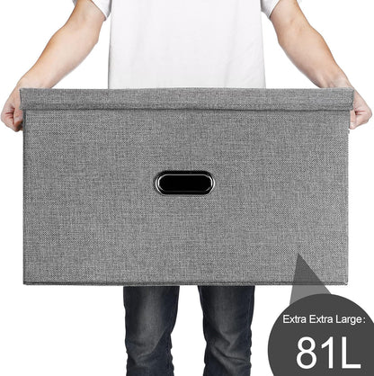 Large Linen Fabric Foldable Storage Bins with Removable Lid and Handles, Washable Storage Box