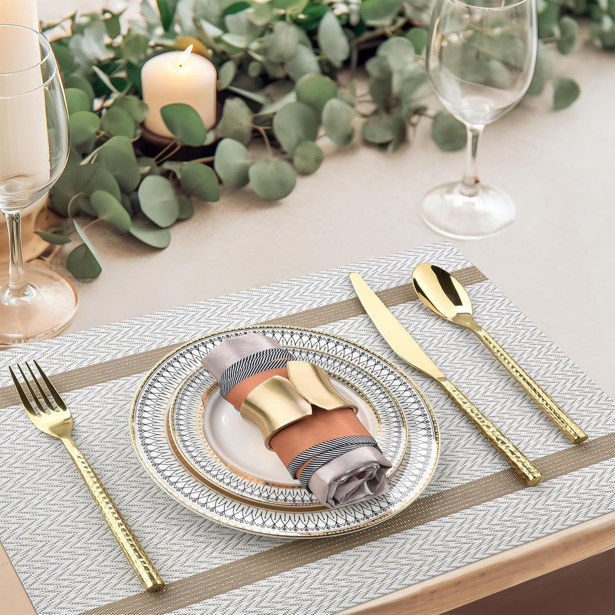 Beige White Placemats Set of 8 - Easy Clean Modern Durable Washable Vinyl Place Mats - Heat