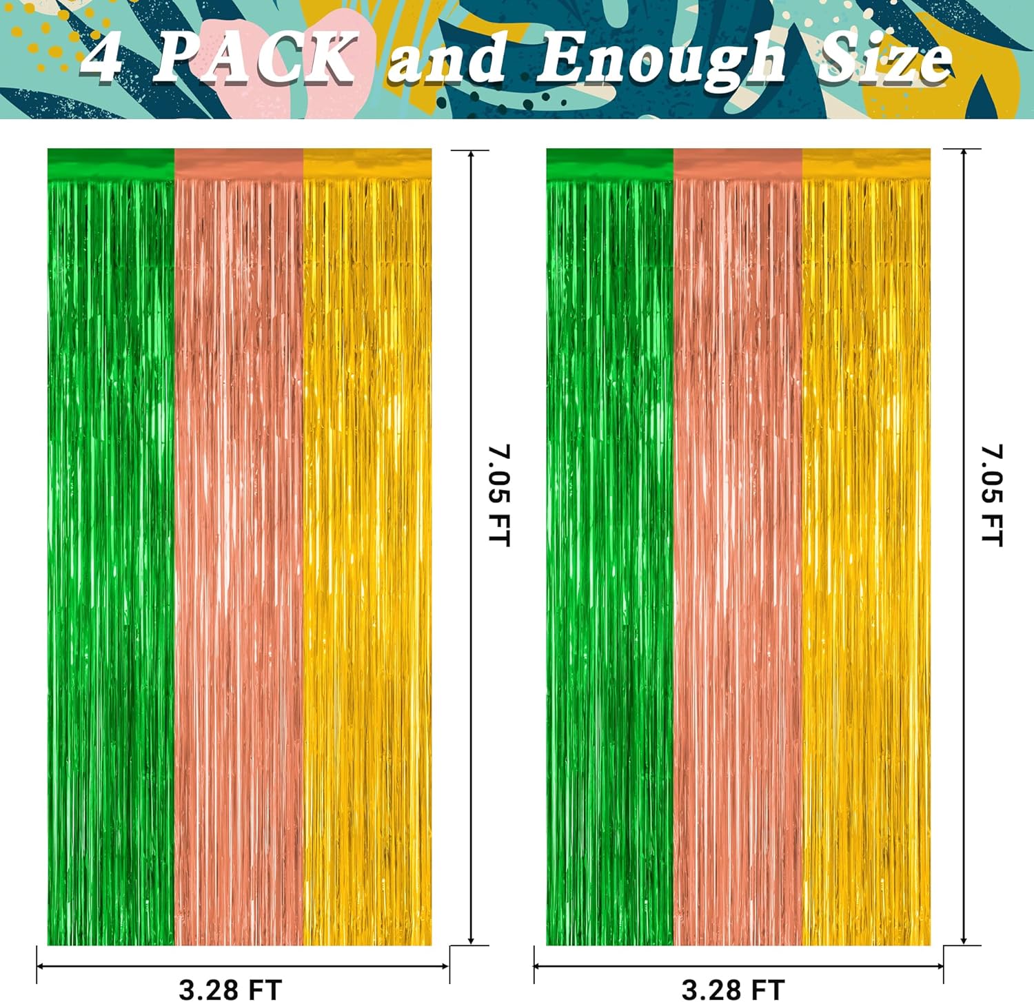 4 Pack Hawaiian Party Decorations, 3.28 FT x 7.05 FT Hawaii Tinsel Backdrop, Green Brown Yellow