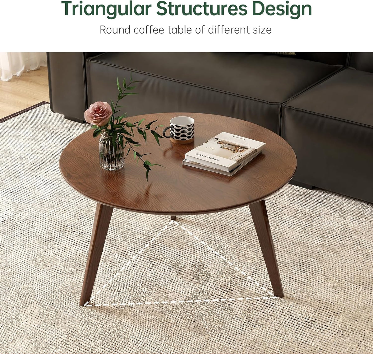 100% Solid Oak Wood Mini Coffee Table, Round Side Table w/Solid Wood Legs, Walnut Mid Century