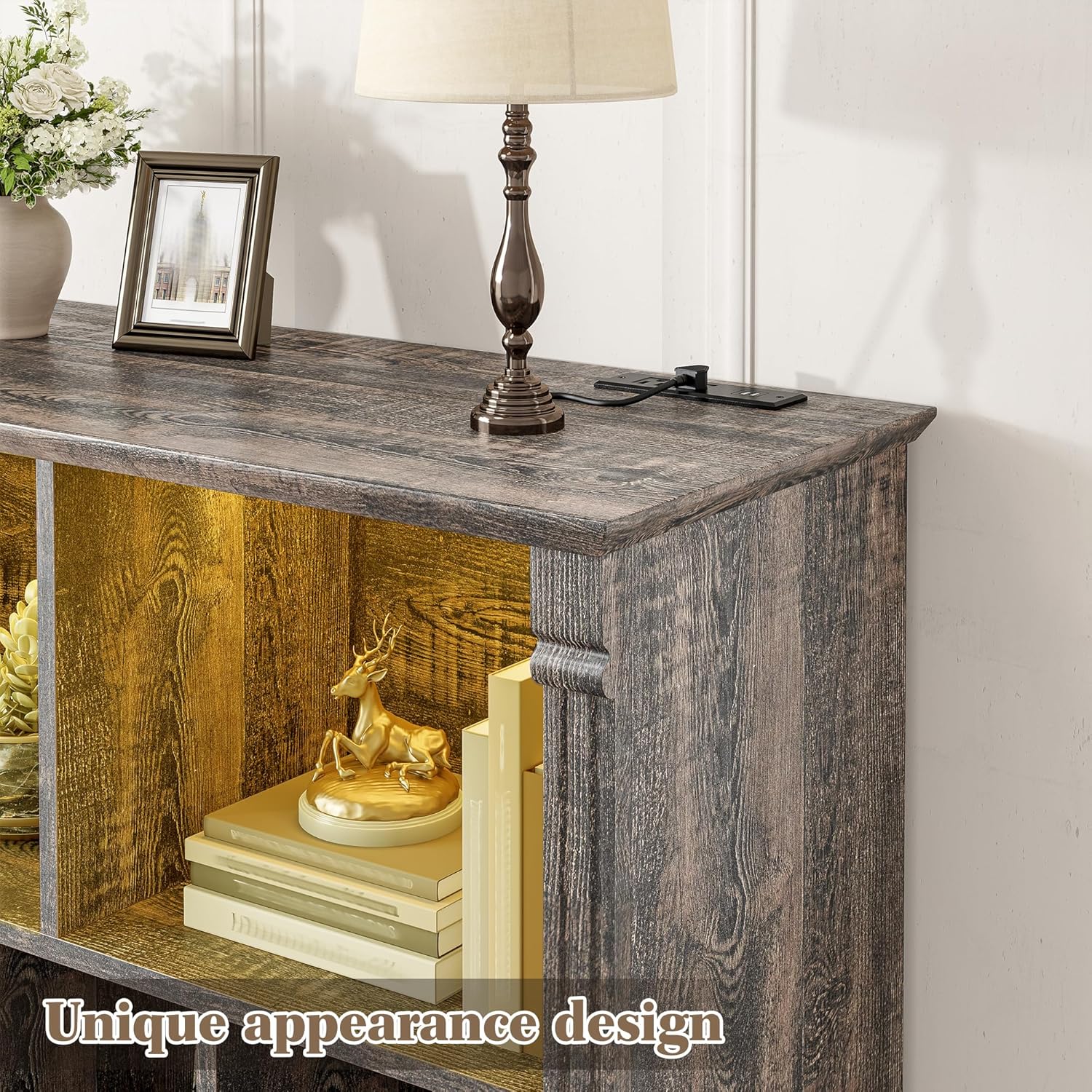 EnHomee 10 Cube Storage Organizer with LED Light and Charging Station Wood Cube Shelf Display