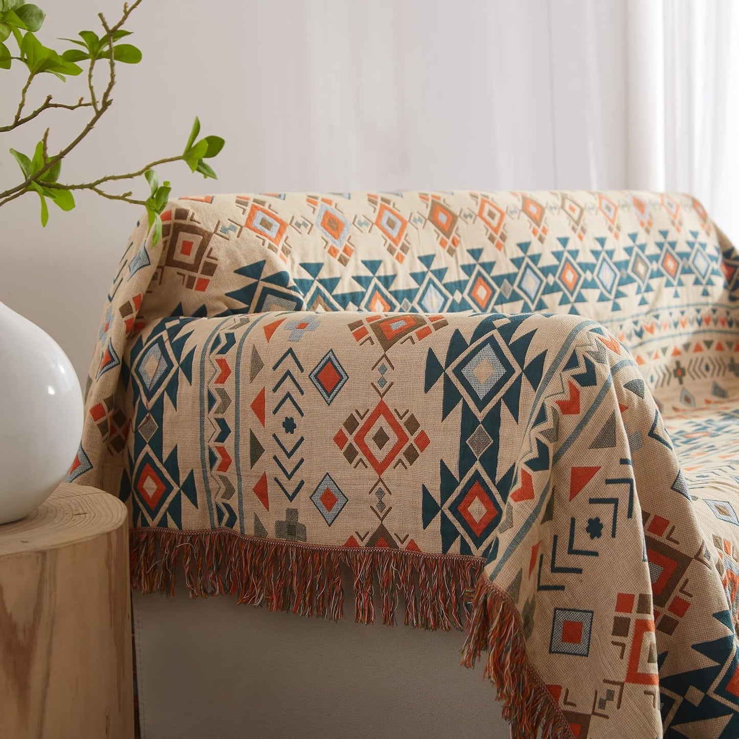 Boho Throw Blanket for Bed 90”x98”, 100% Cotton Woven Blanket for Couch Sofa, Ultra Soft 4-Layer