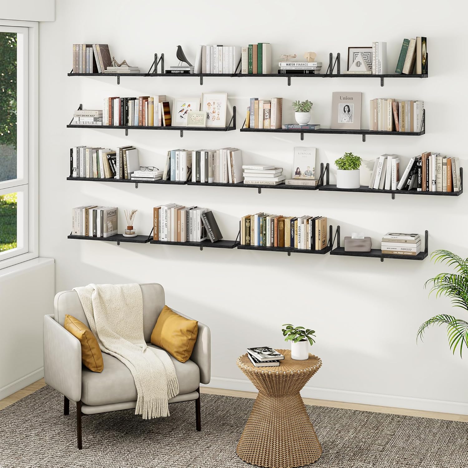 Heimlove 24 Inches Black Floating Shelves,8 Inches Deep Wall Bookshelf Mounted Display&Storage Wood