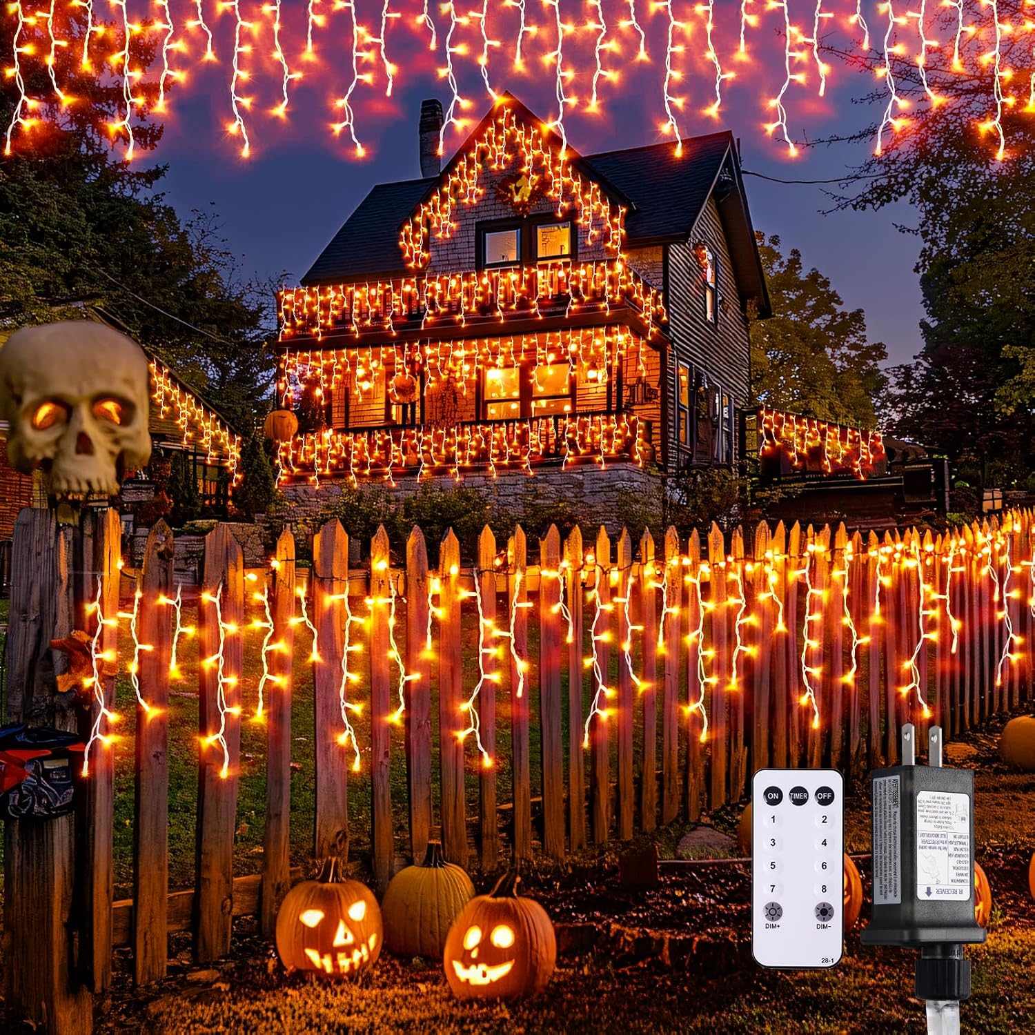JMEXSUSS Orange Halloween Lights Outdoor, 38.8 FT 400 LED Orange Icicle Lights Outdoor Waterproof