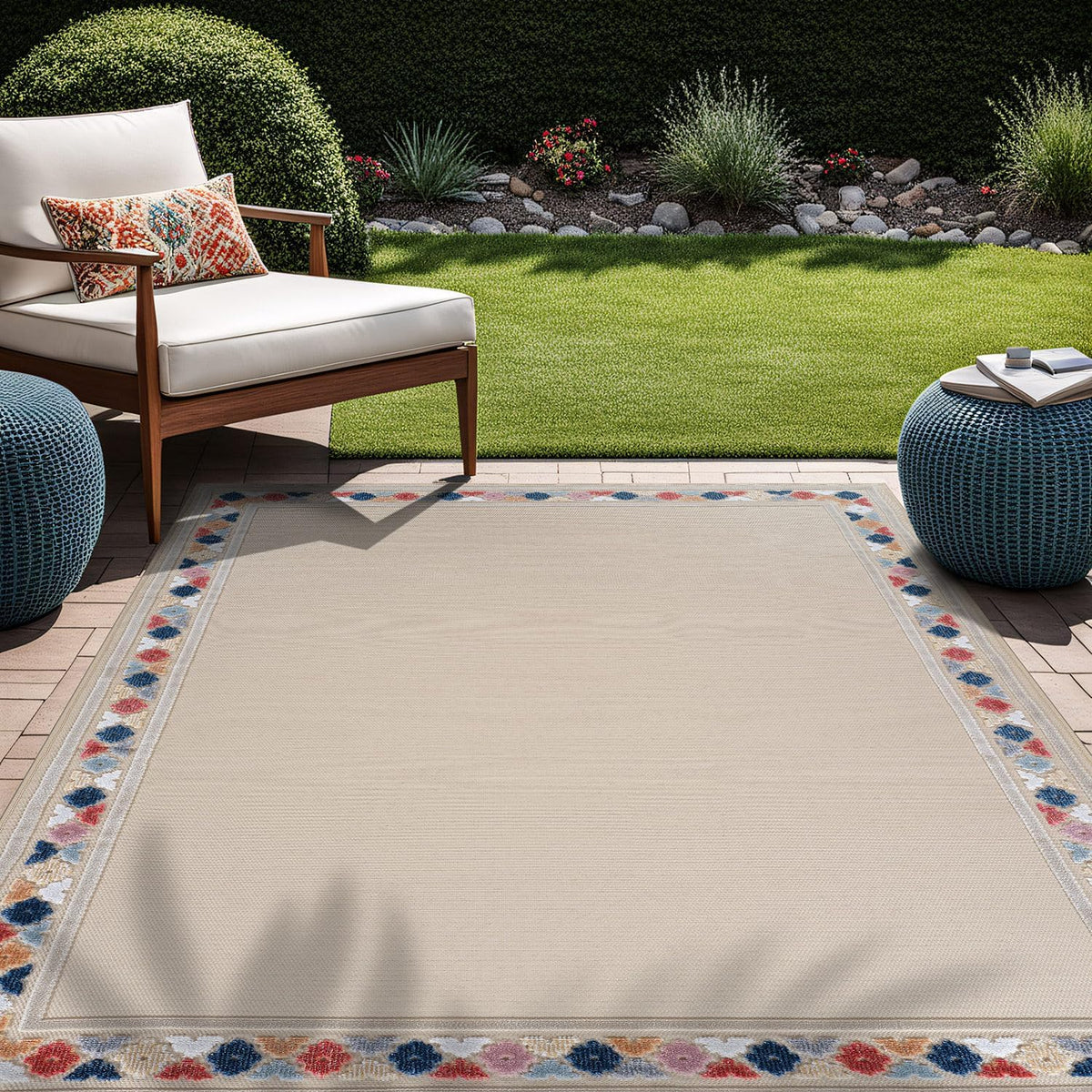 Beverly Rug Outdoor Rug 5x7 Modern Bordered Area Rugs for Indoor and Outdoor Patio Easy to Clean