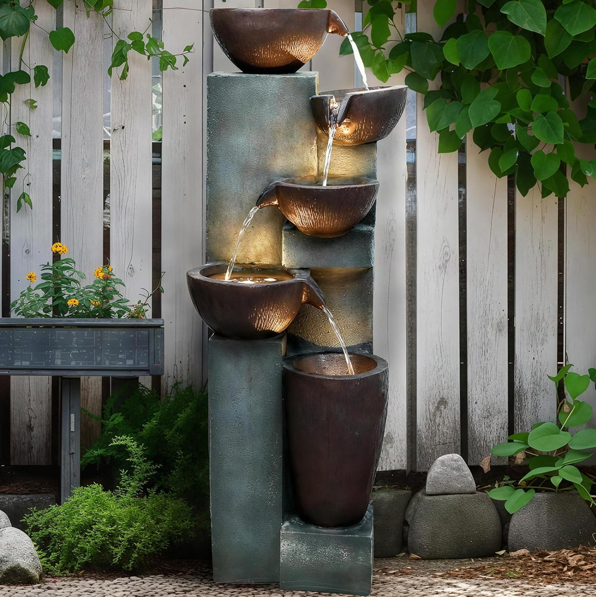 Naturefalls 39.7in.Modern Outdoor Fountain -5-Tier Resin Water Feature, Indoor Outdoor Garden