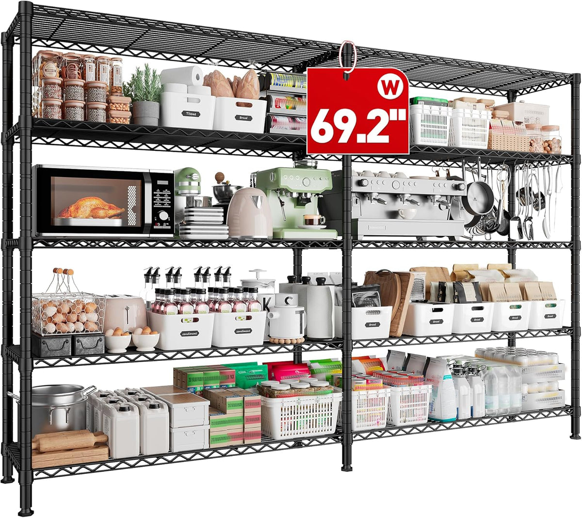 REIBII 70" W Storage Shelves Heavy Duty Load 1600LBS, Metal Shelving 5-Tier Wire Shelving Unit