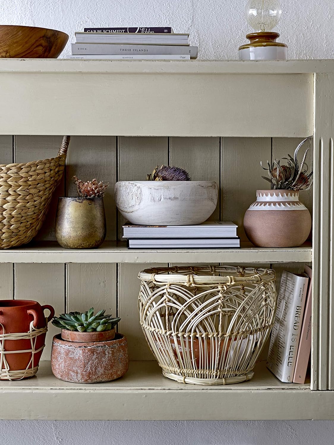 Bloomingville Decorative Hand-Carved Paulownia Wood Bowl, Whitewashed, 10.5 in Diameter, 4.25 in