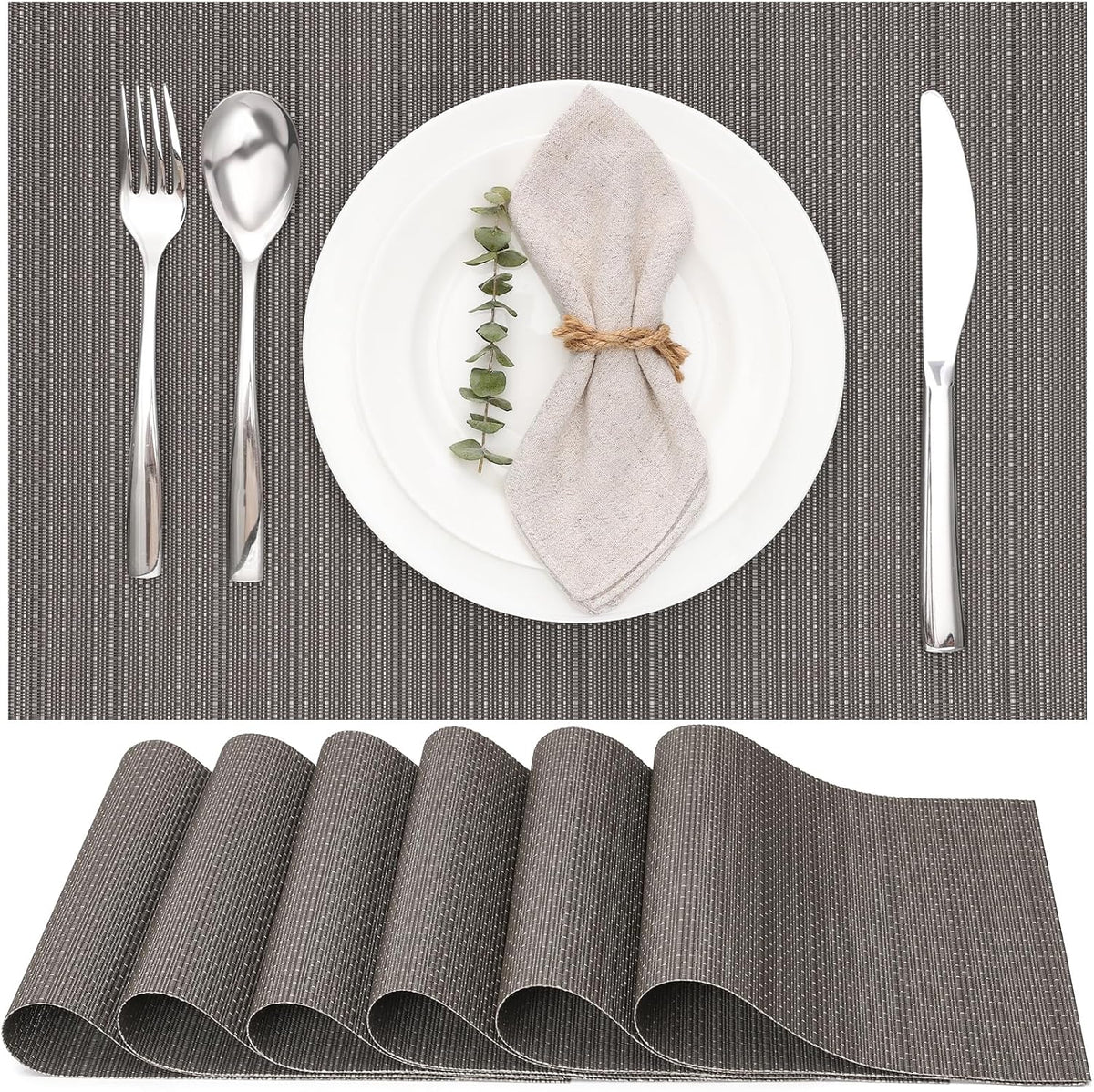 Myir JUN Placemats Set of 6, Vinyl Woven Placemats Place Mats Indoor Washable Table Mats Non-Slip