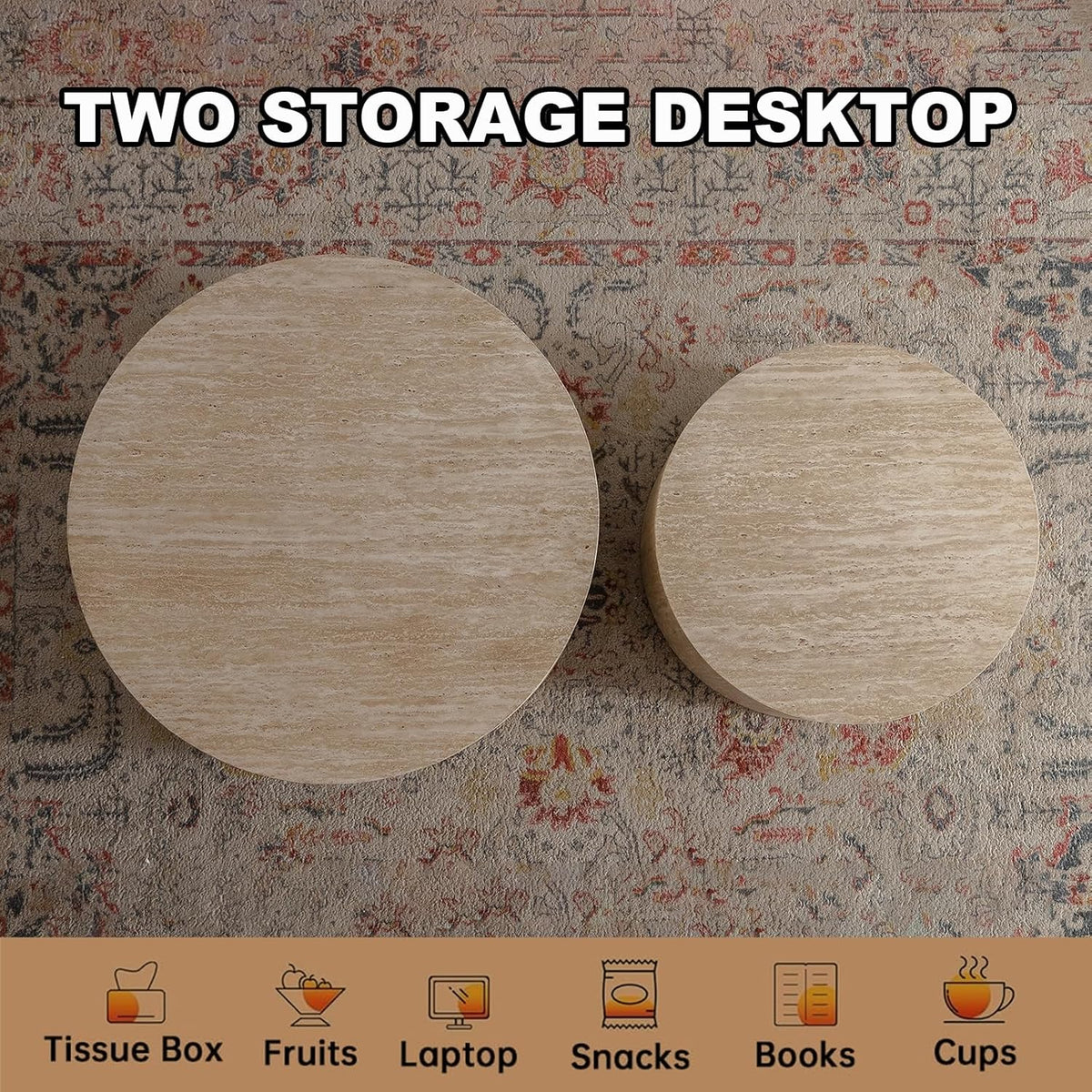 Round Nesting Coffee Table Set of 2, Modern Coffee and End Table Set Small Circle Wooden Drum Side