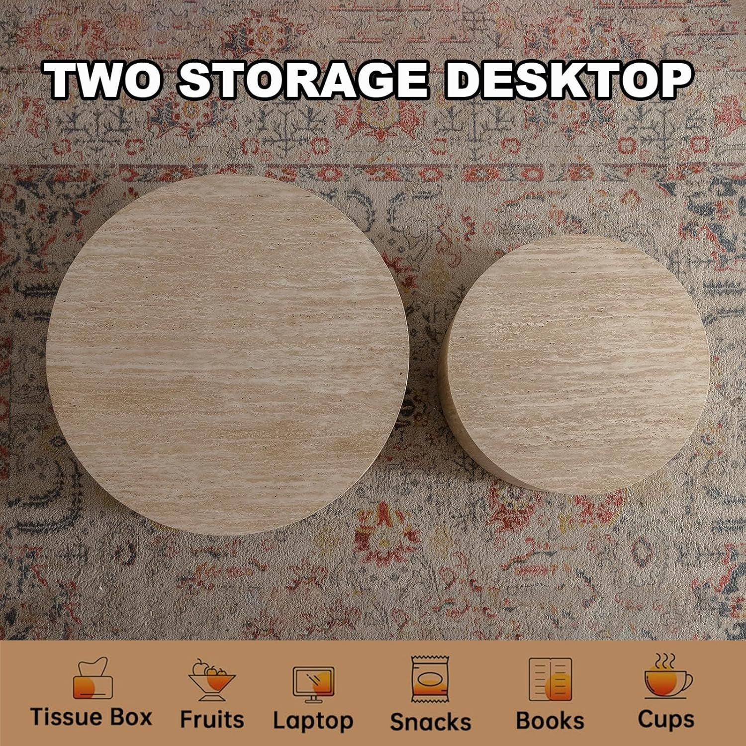 Round Nesting Coffee Table Set of 2, Modern Coffee and End Table Set Small Circle Wooden Drum Side