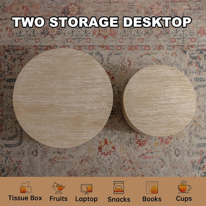 Round Nesting Coffee Table Set of 2, Modern Coffee and End Table Set Small Circle Wooden Drum Side