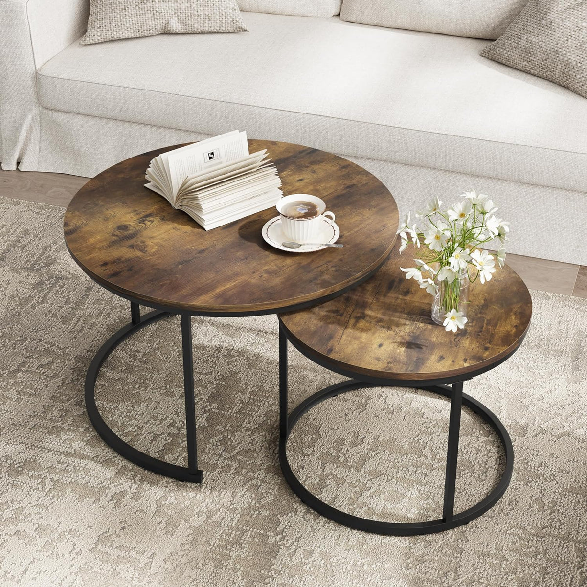 Smuxee Rustic Nesting Coffee Table Set of 2, 27.6" Round Coffee Table Wooden Marble Pattern with