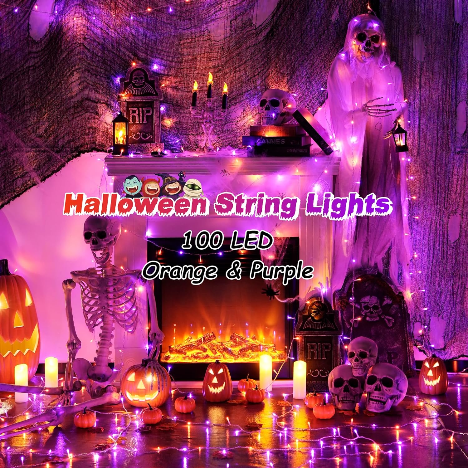 JMEXSUSS 33 FT 100 LED Halloween String Lights Indoor, Orange and Purple Halloween Lights Clear