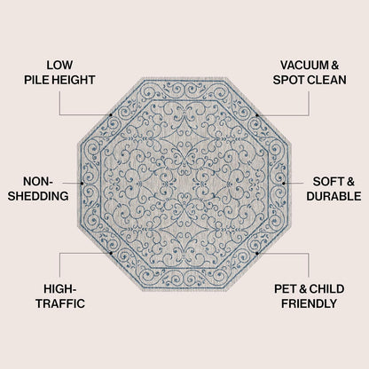 JONATHAN Y Vintage Filigree Indoor Outdoor Octagon Area Rug 8 Ft Gray/Navy, Charleston Textured