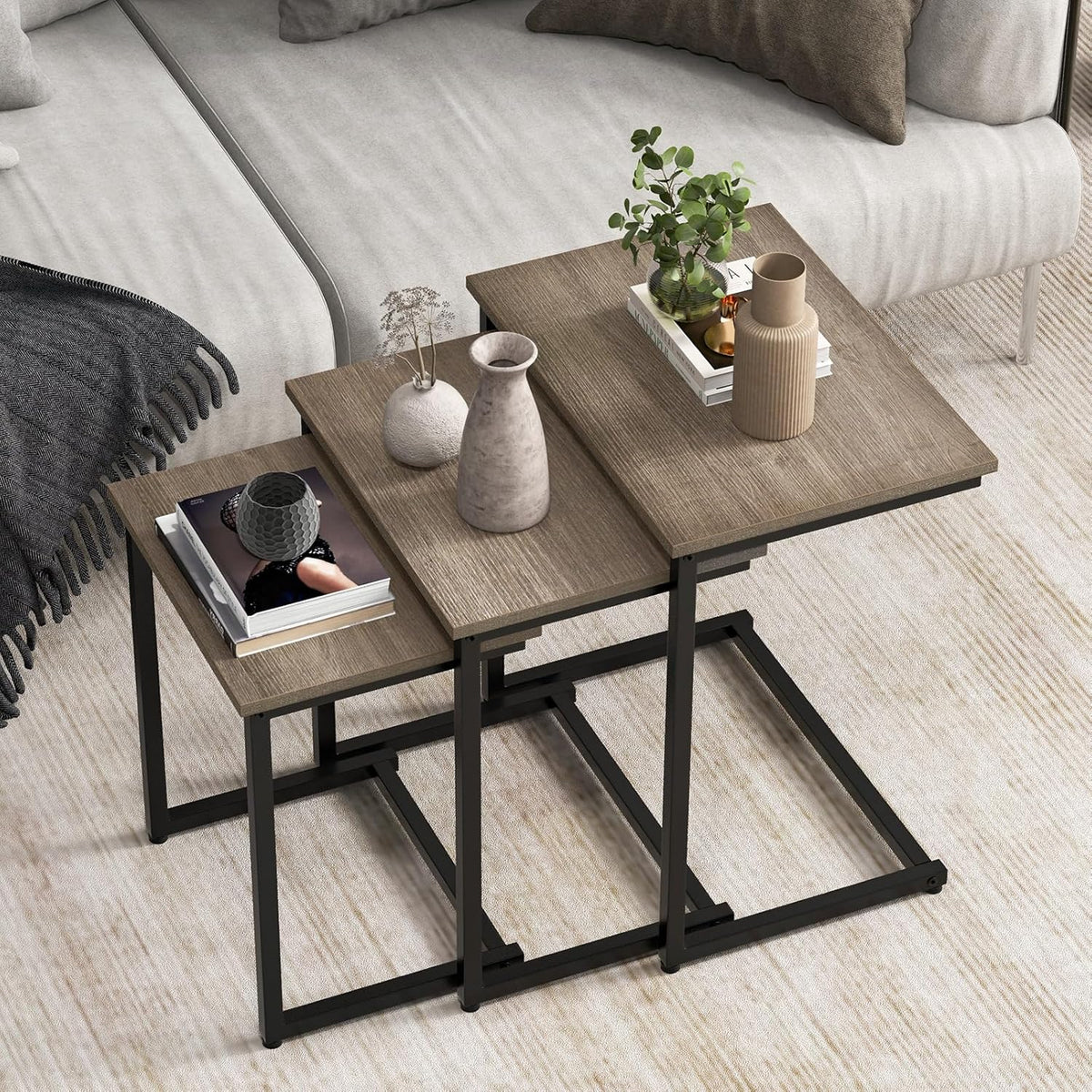 Giantex Nesting Coffee Table Set of 3, Stackable Square End Table w/Wood Grain Tabletop &