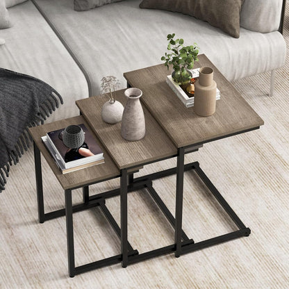 Giantex Nesting Coffee Table Set of 3, Stackable Square End Table w/Wood Grain Tabletop &